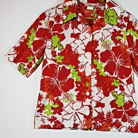 Vintage Lightning Bolt Hawaiian Shirt Womens Small 70s Red Hibiscus Aloha Surf - Picture 4 of 13
